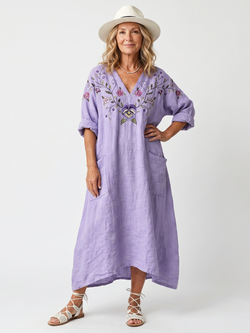 Women's Embroidered With Pockets Midi Dress – Floral Relaxed Style