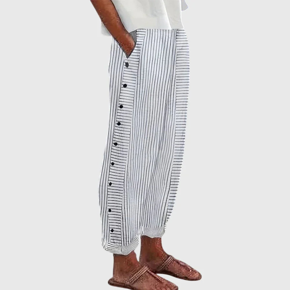 Women’s Striped Button Detail Trousers – Relaxed Fit