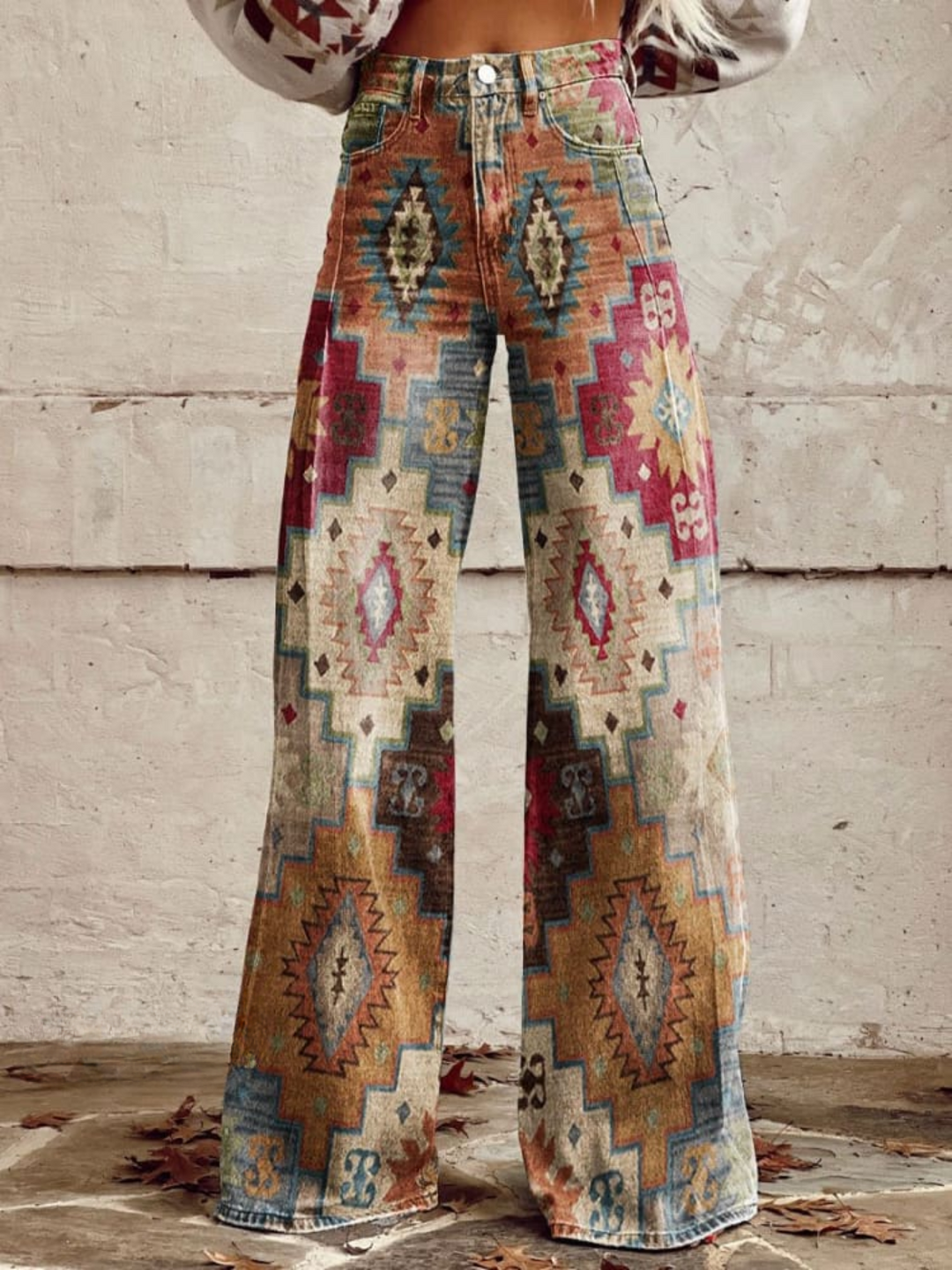 Women's Denim Bohemian Jeans – Flowing Printed Design in Brown