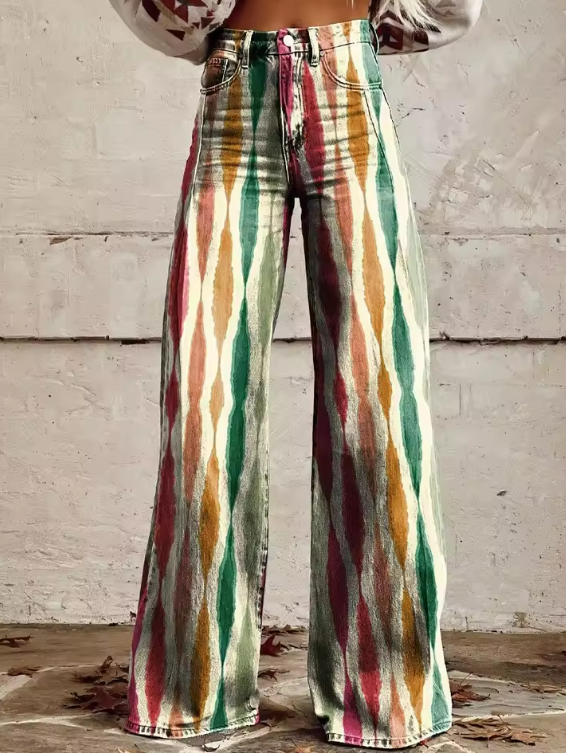 Women's Denim Bohemian Jeans – Flowing Printed Design in Green