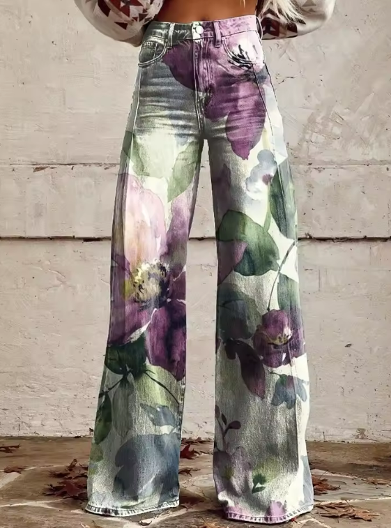Women's Denim Bohemian Jeans – Flowing Printed Design in Purple