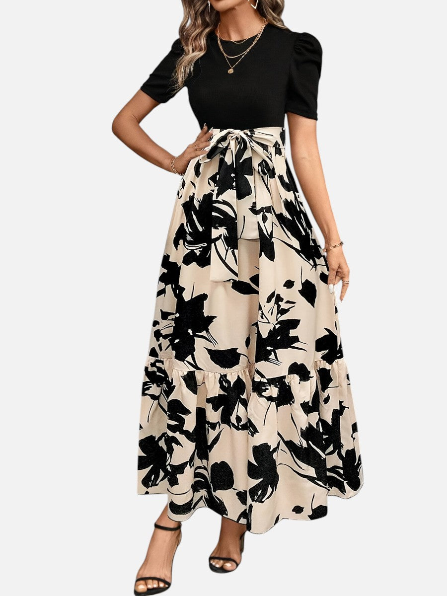 Women’s Floral Midi Dress – Puff Sleeve Belted Waist