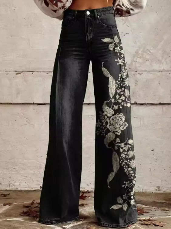 Women's Denim Bohemian Jeans – Flowing Printed Design in Black