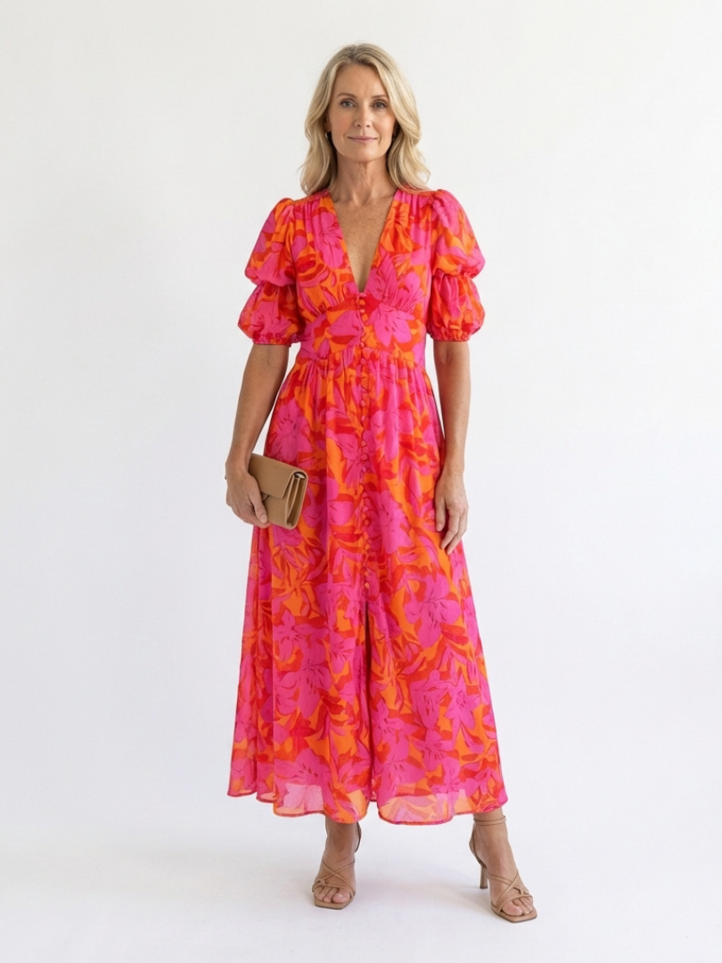 Women's Puff Sleeve Elegant Midi Dress – Everyday Essential