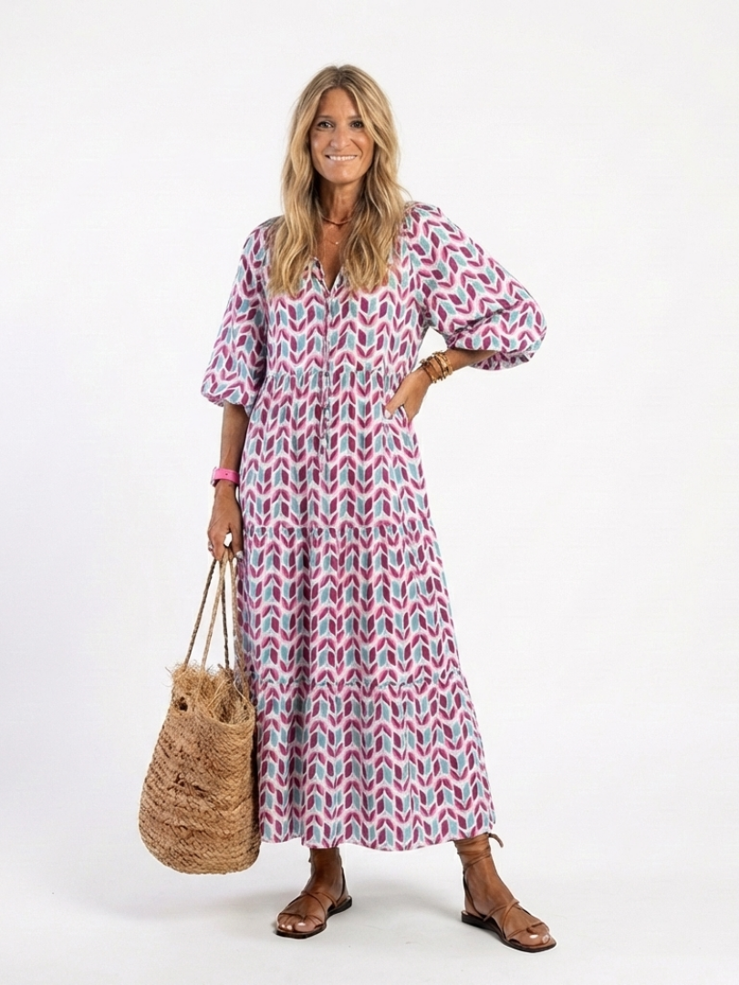 Women's Ruffled Printed Midi Dress – Flowing Elegant Style