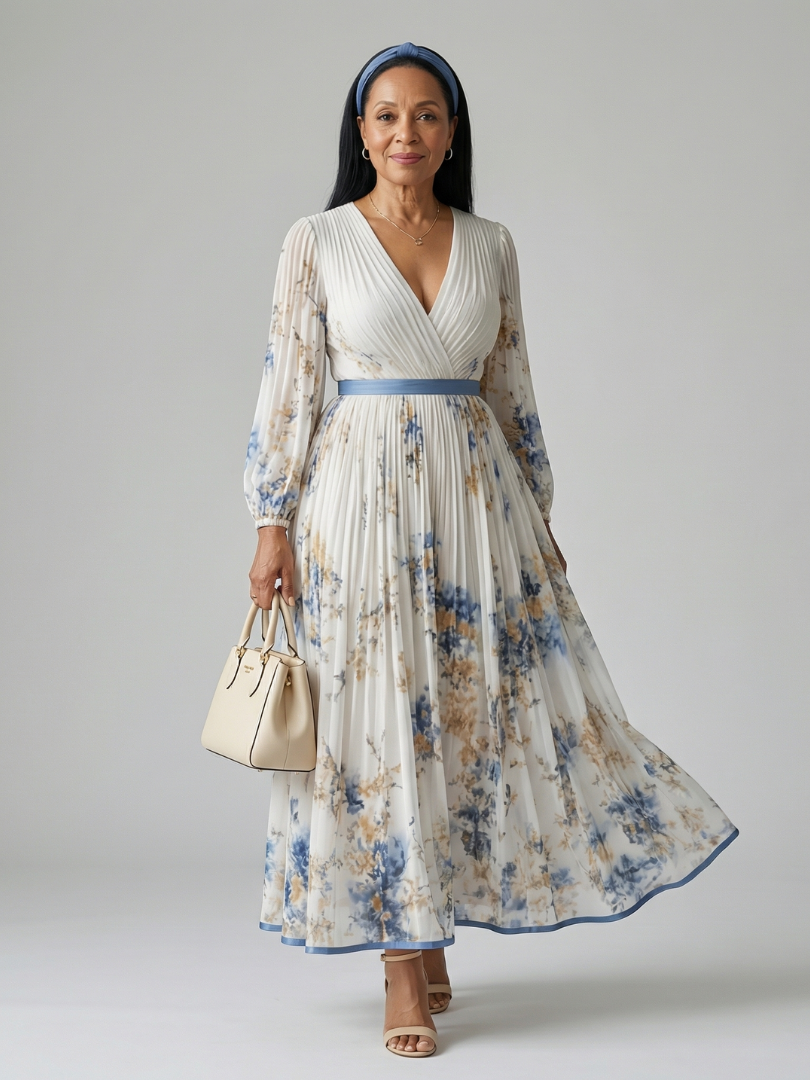 Women's Pleated Elegant Midi Dress – Lightweight Style in White