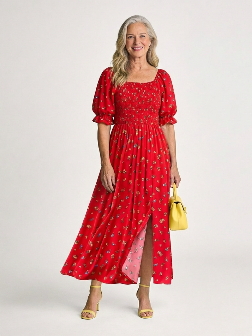 Women's Puff Sleeve Elegant Midi Dress – Lightweight Style
