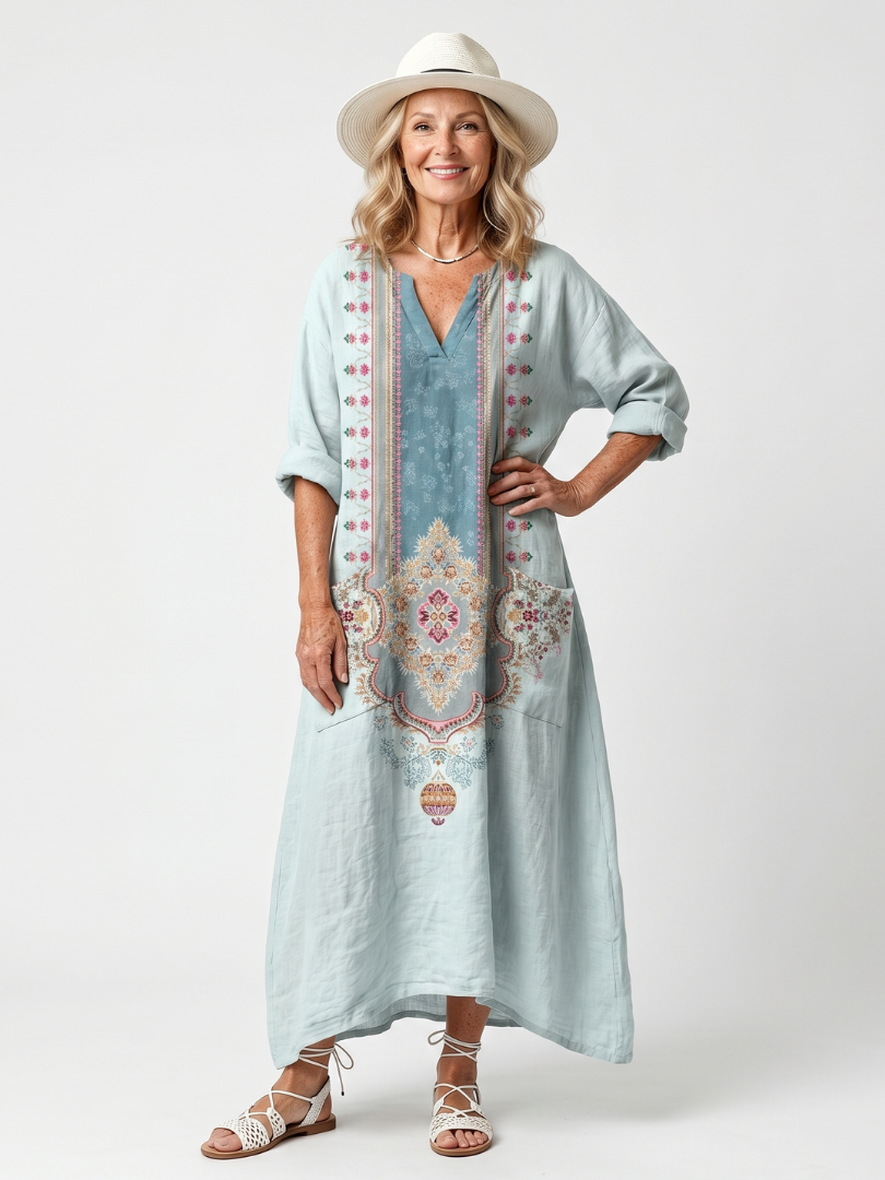 Women's Embroidered With Pockets Midi Dress – Flowing Relaxed Style