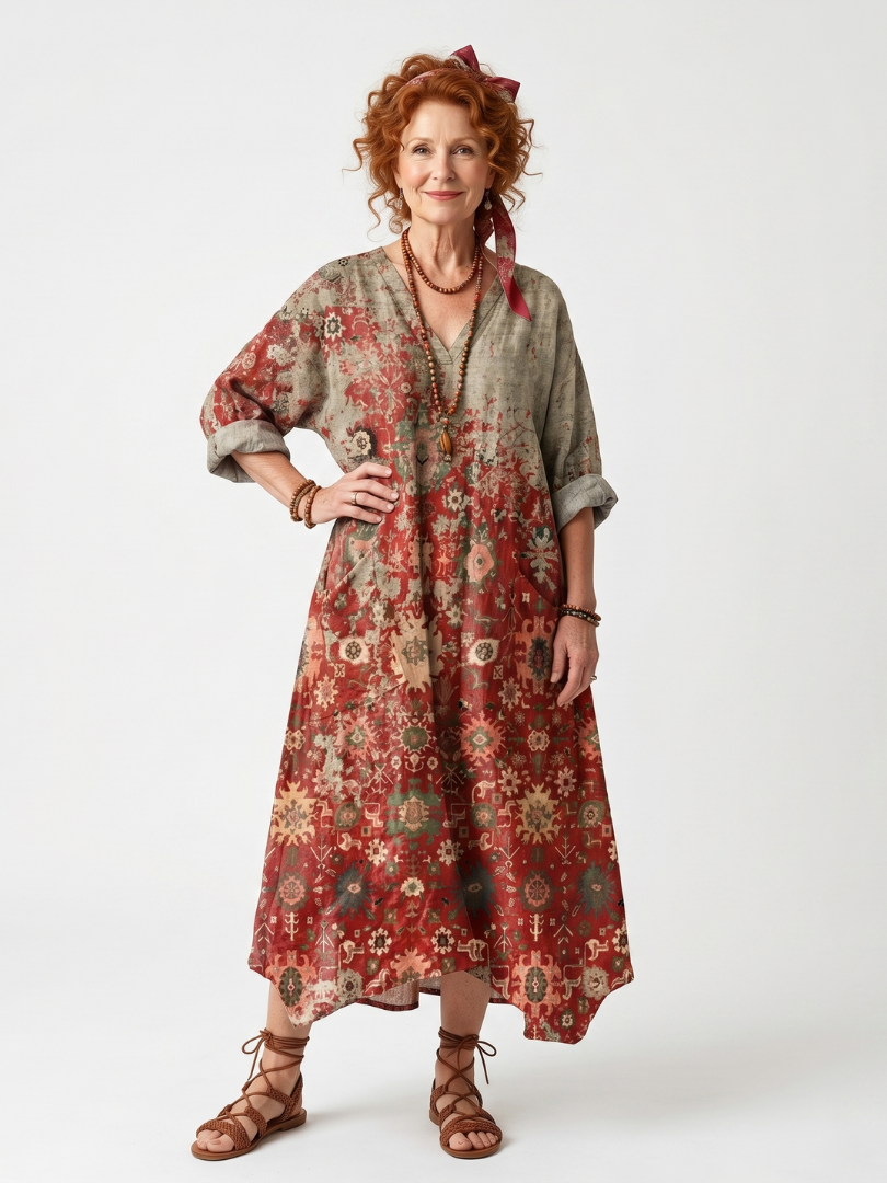 Women's Printed With Pockets Midi Dress – Relaxed Lightweight Style