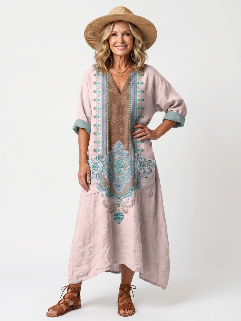 Women's Embroidered With Pockets Midi Dress – Chic Flowing Style