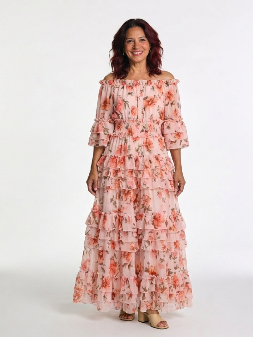 Women's Ruffled Floral Maxi Dress – Elegant Lightweight Style
