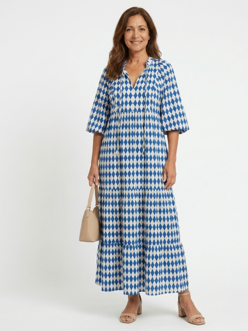 Women's Printed Elegant Midi Dress – Lightweight Style in Blue & Sky