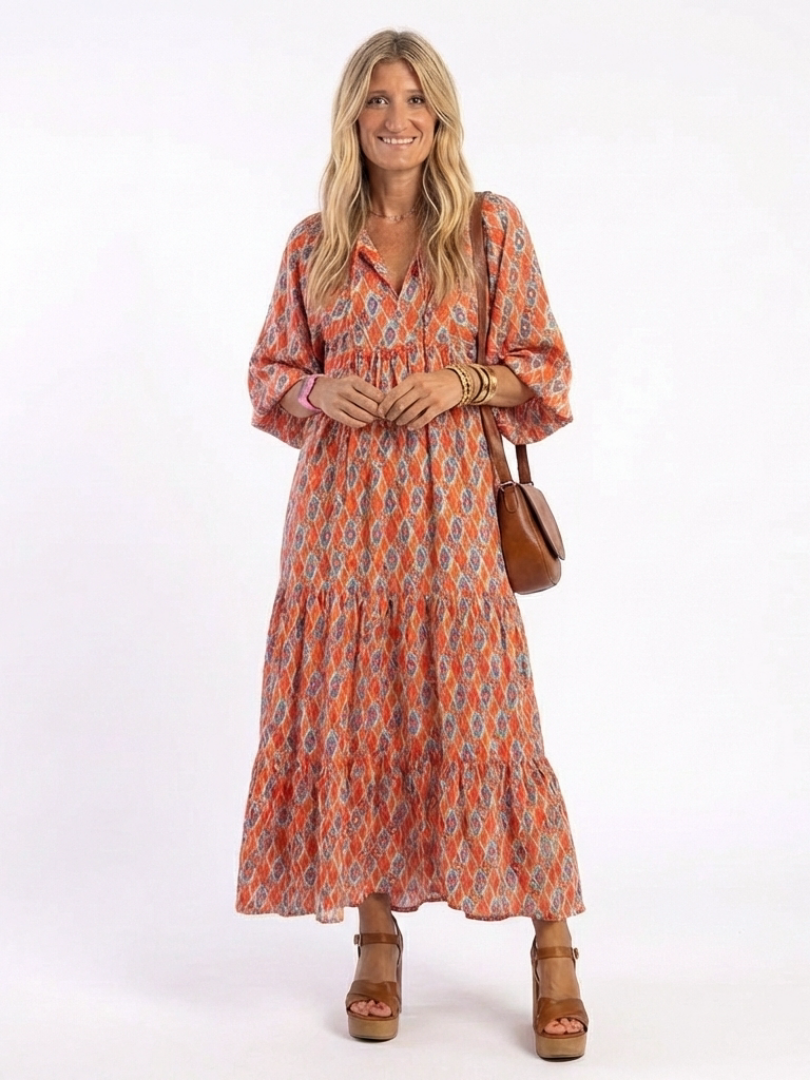 Women's Printed Elegant Midi Dress – Lightweight Style in Beige