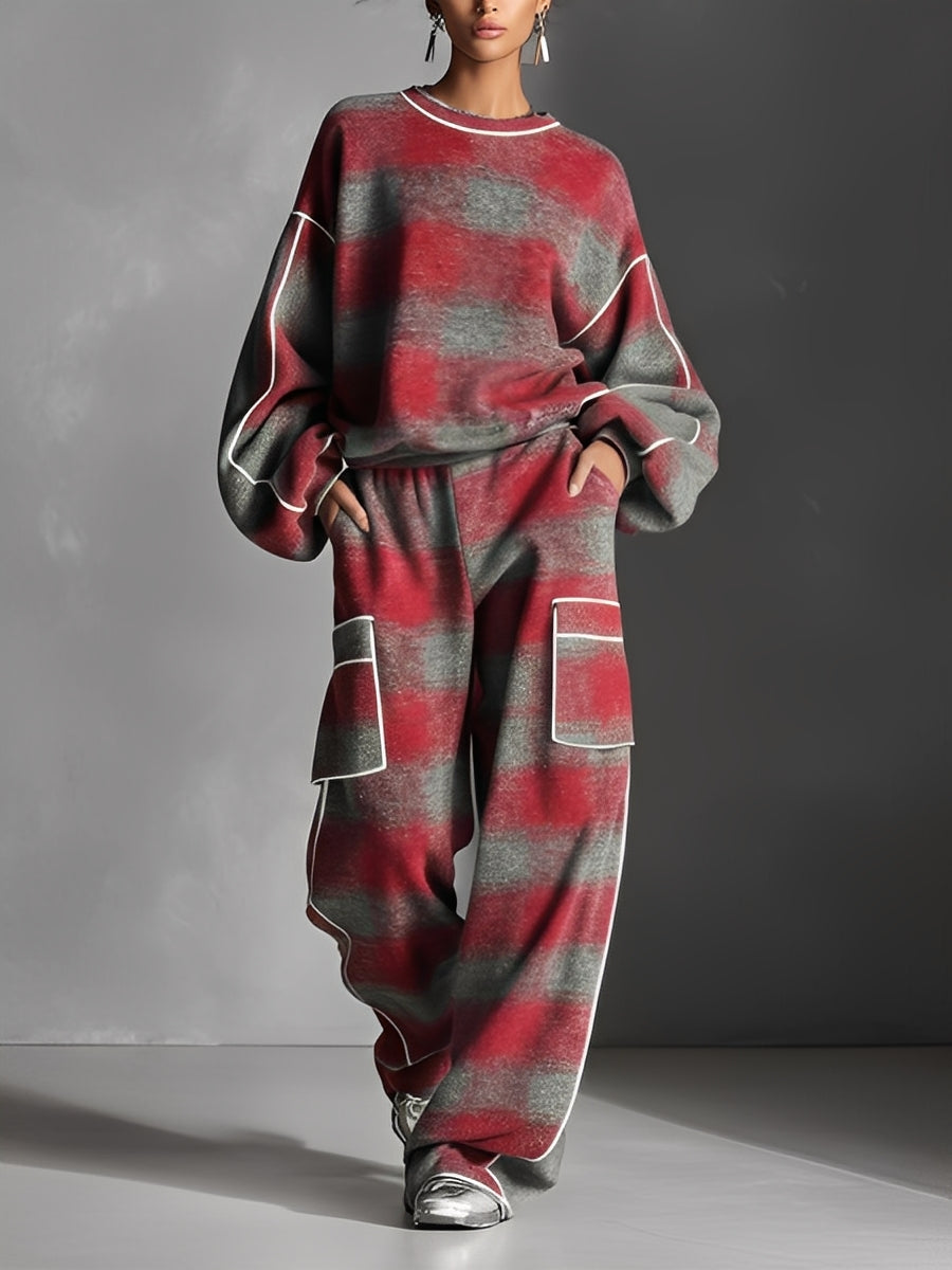 Women's Elegant Comfortable Two-Piece Set – Modern Chic Design in Red & Grey