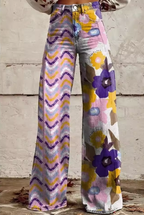 Women's Denim Bohemian Jeans – Flowing Printed Design in Pink