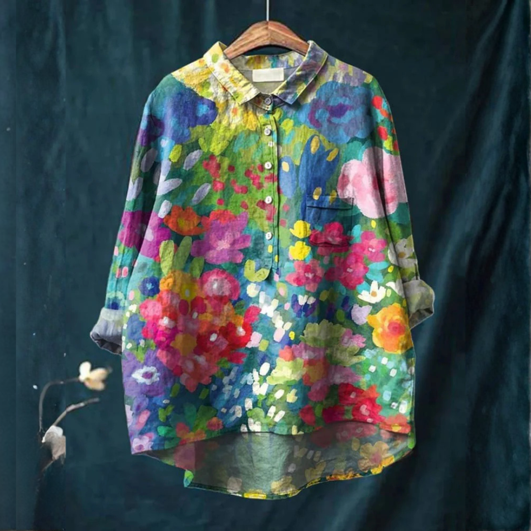 Women's Elegant Flowing Shirt – Denim Detail in Multicolour