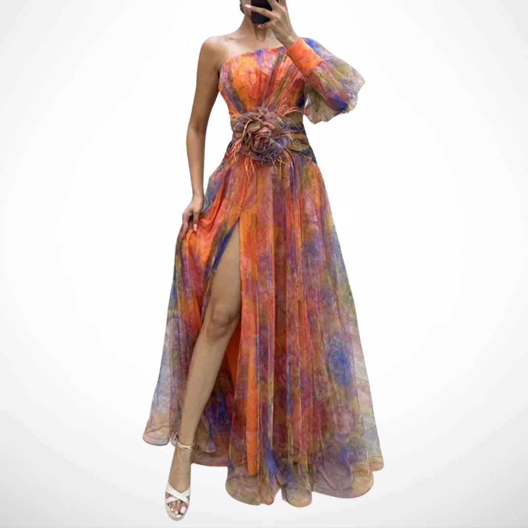 Women's Elegant Floral Dress – Flowing Refined Style in Orange