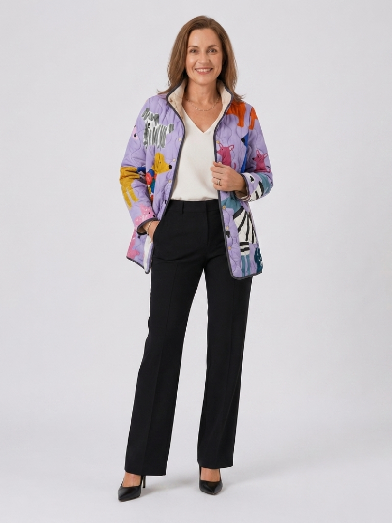 Women's Quilted Spring Jacket – Printed Straight Leg Design