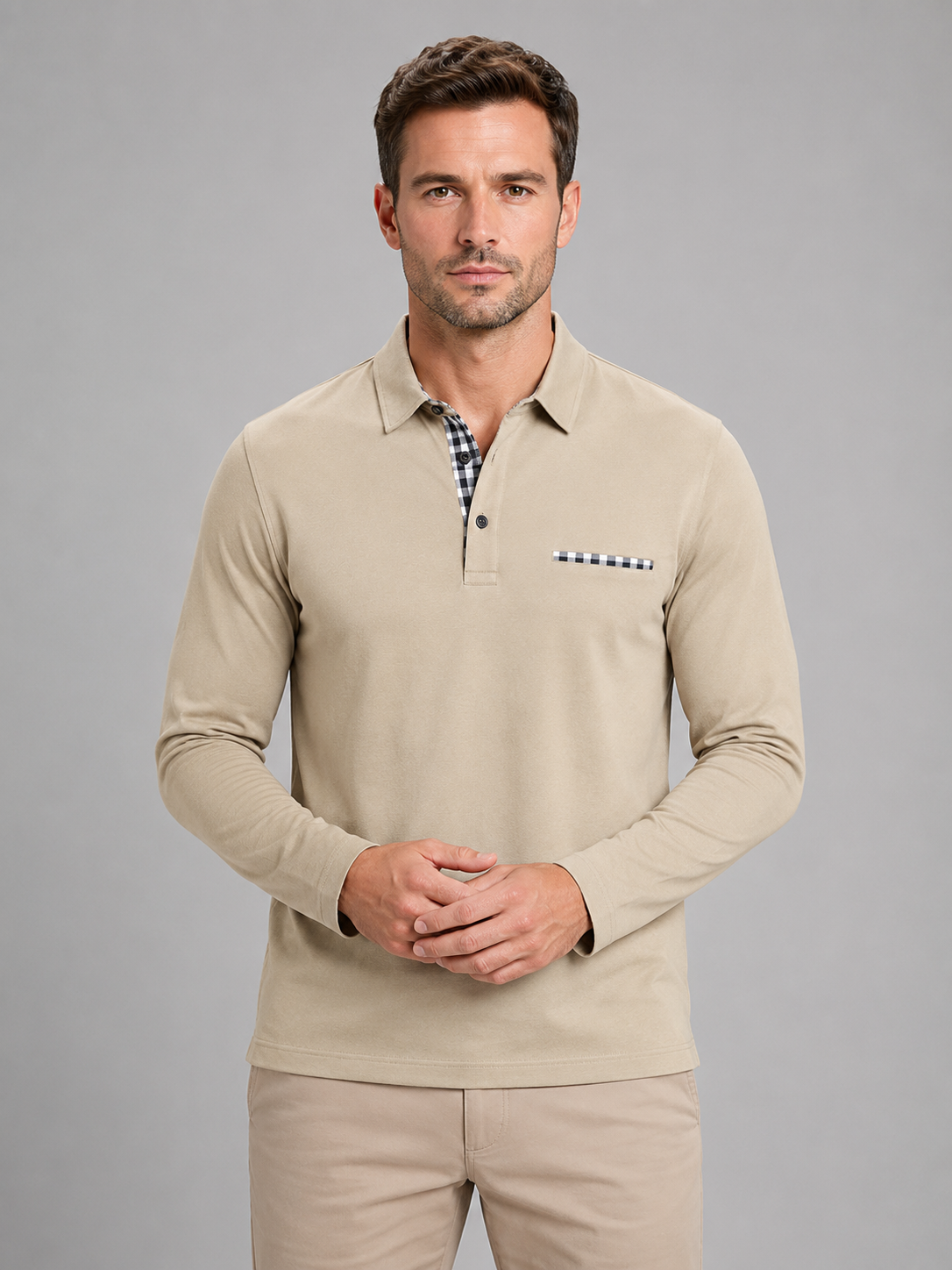 Men's Long Sleeve Polo Shirt – Gingham Trim Casual Top