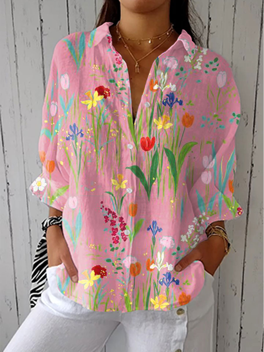 Women's Elegant Printed Blouse – Spring Breathable Design in Pink