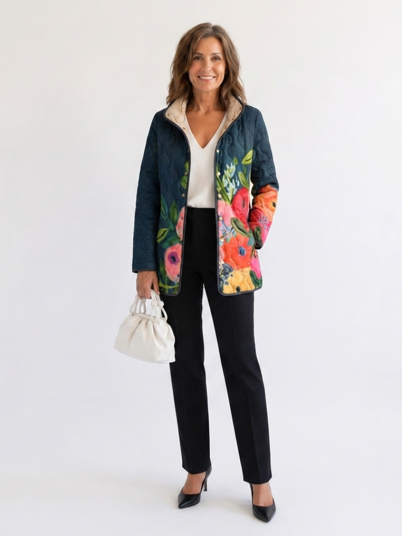 Women's Quilted Floral Jacket – Plain High Neck Design