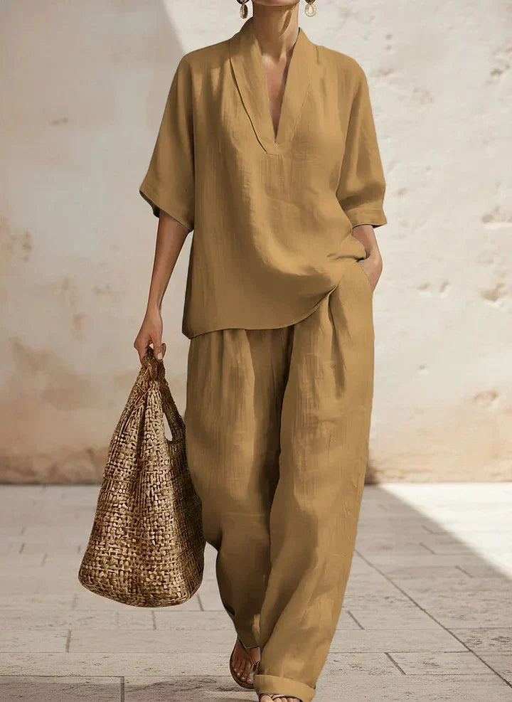 Women's Linen Elegant Two-Piece Set – Comfortable Modern Design in Sand
