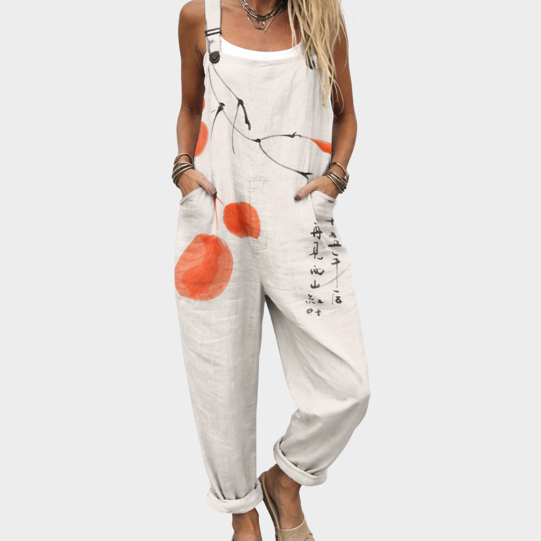 Women's Printed Comfortable Dungarees – Relaxed Casual Design in Beige