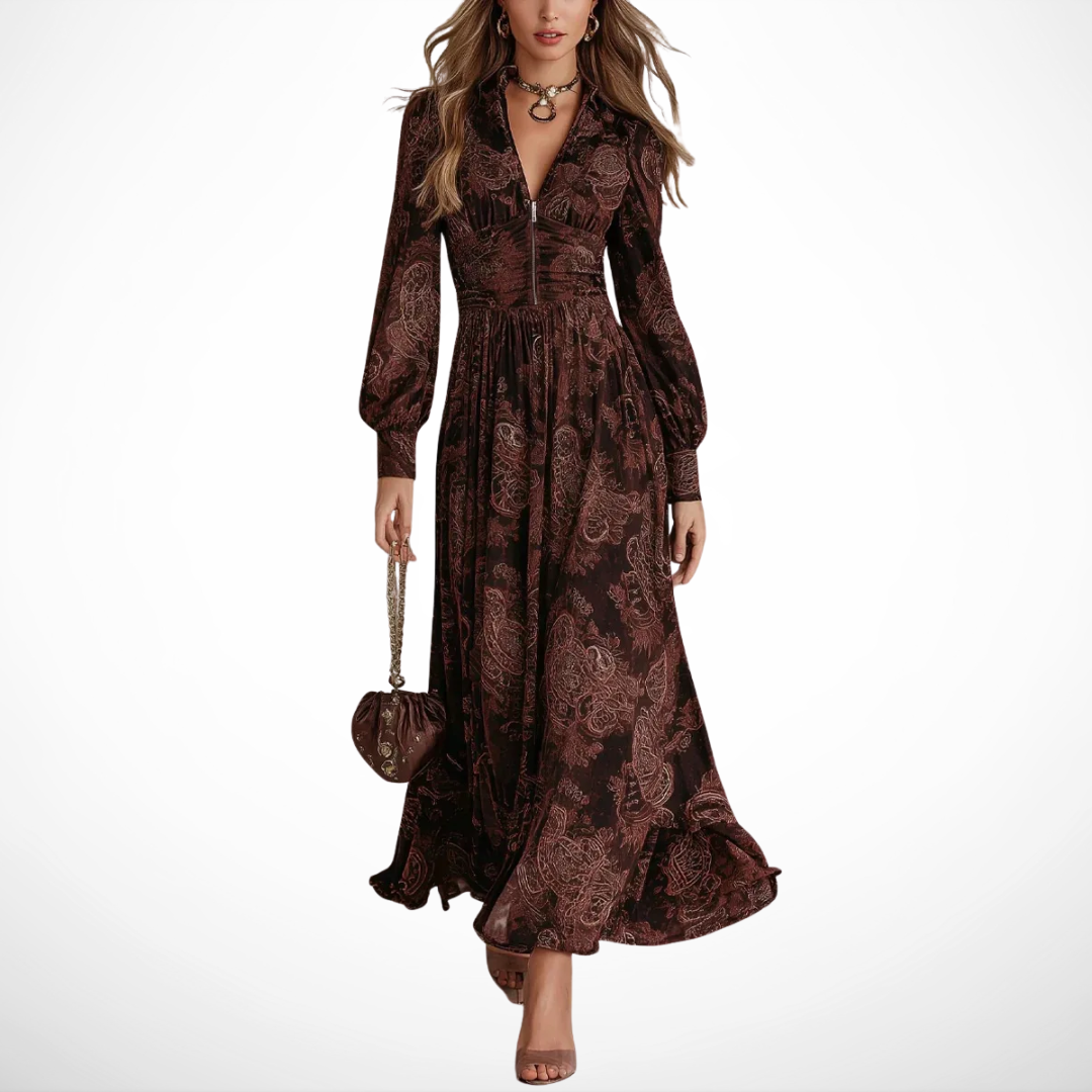 Women's Printed Vintage Maxi Dress – Elegant Flowing Style