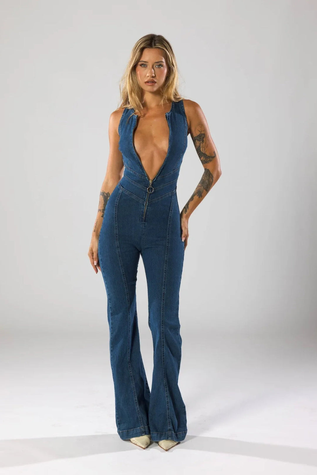 Women's Denim Elegant Jumpsuit – Cotton Buckle Design