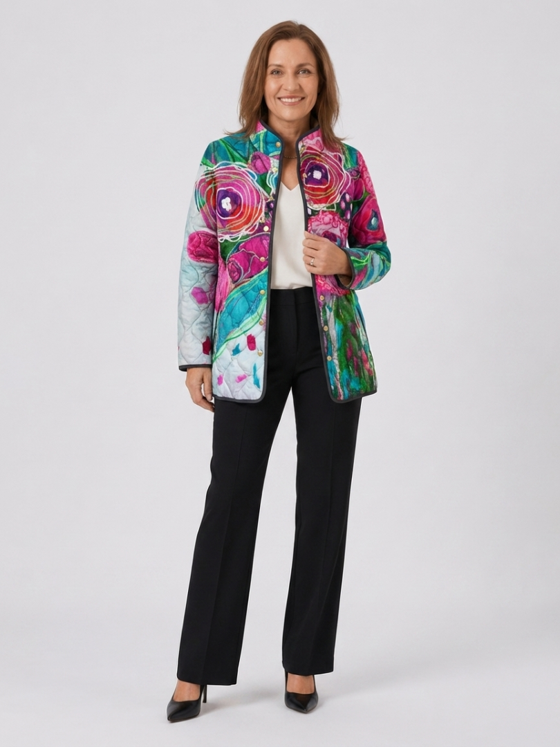 Women's Quilted Floral Jacket – Printed Beaded Design