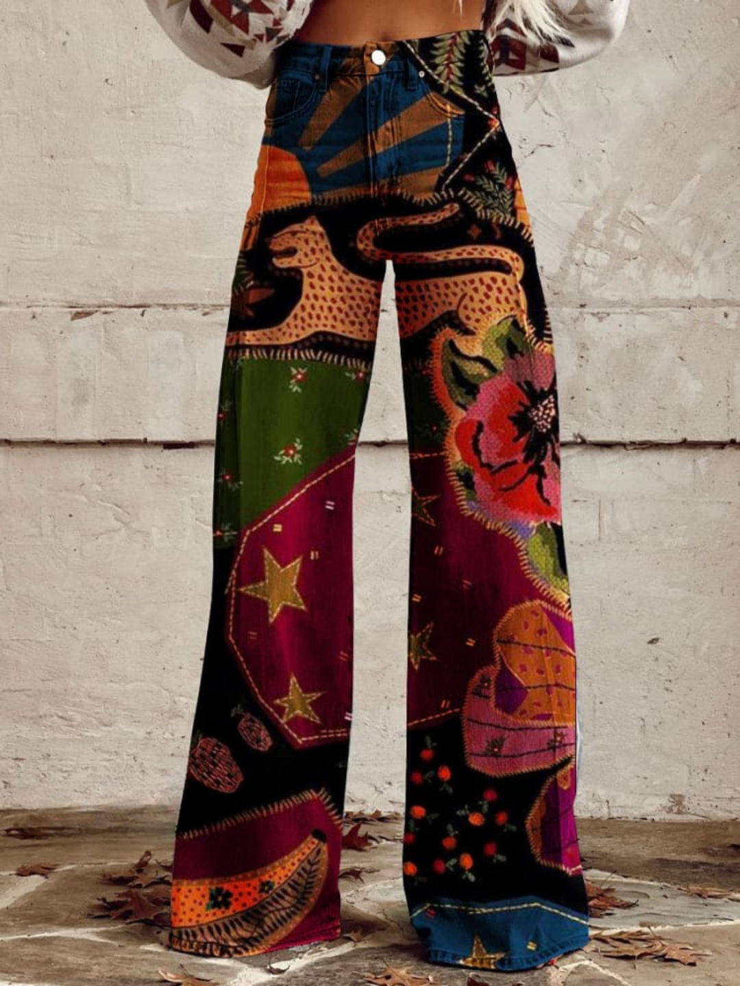 Women's Denim Bohemian Jeans – Flowing Printed Design in Red