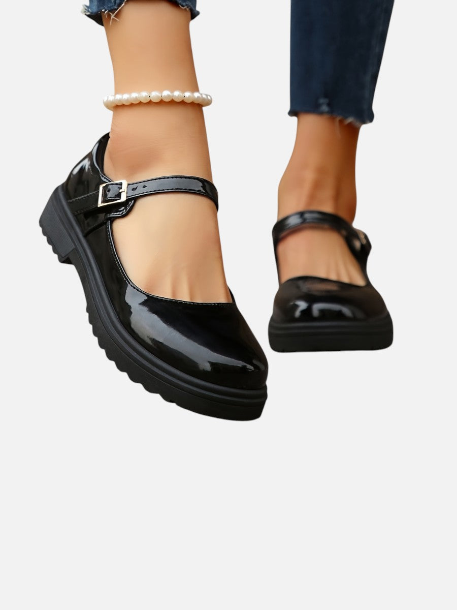 Women’s Glossy Leather Look Mary Jane Loafers – Comfort Style
