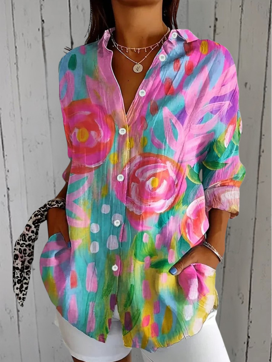 Women's Spring Elegant Blouse – Comfortable Denim Design in Pink