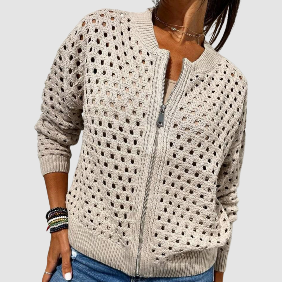 Women's Zip-Up Knitted Jacket – Refined High Neck Design