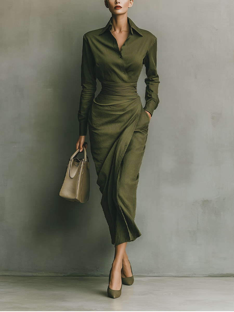 Women's Wrap Belted Dress – Pleated Flowing Style