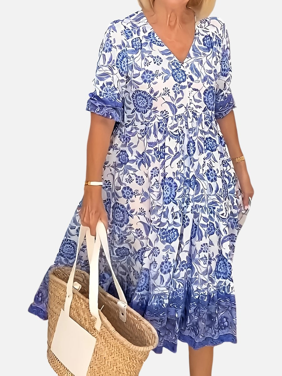 Women’s Floral V-Neck Midi Dress – Relaxed Summer Elegance