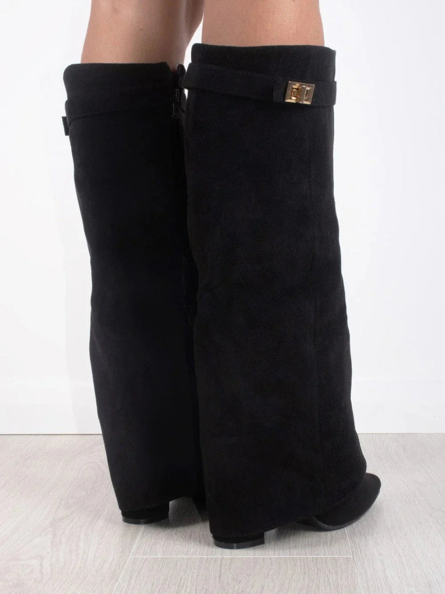Women’s Suede Fold-Over Boots – Golden Detail