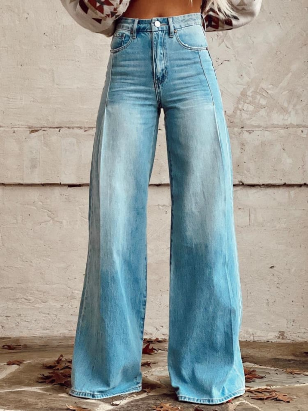 Women's Denim Bohemian Jeans – Flowing Printed Design in Blue