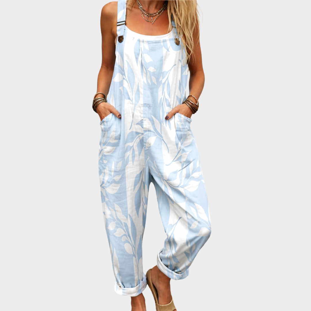 Women's Printed Comfortable Dungarees – Relaxed Casual Design in Blue & White