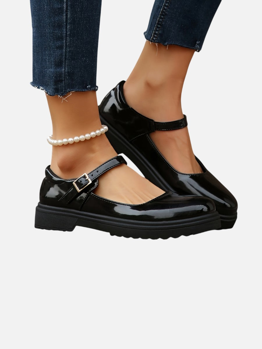 Women’s Glossy Leather Look Mary Jane Loafers – Comfort Style
