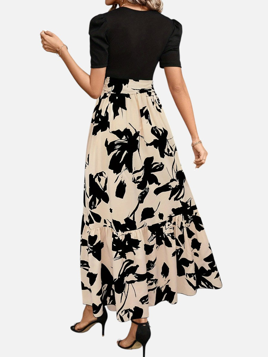 Women’s Floral Midi Dress – Puff Sleeve Belted Waist