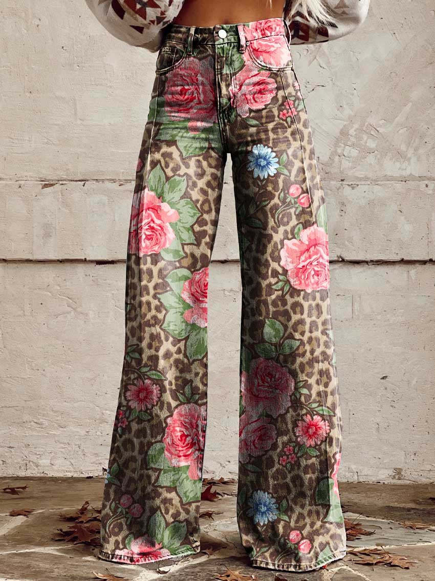 Women's Denim Bohemian Jeans – Flowing Printed Design in Animal