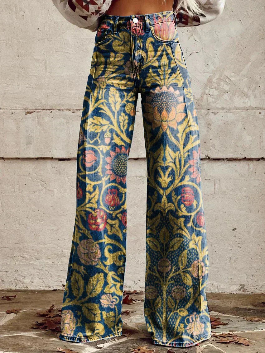 Women's Denim Bohemian Jeans – Flowing Printed Design in Yellow
