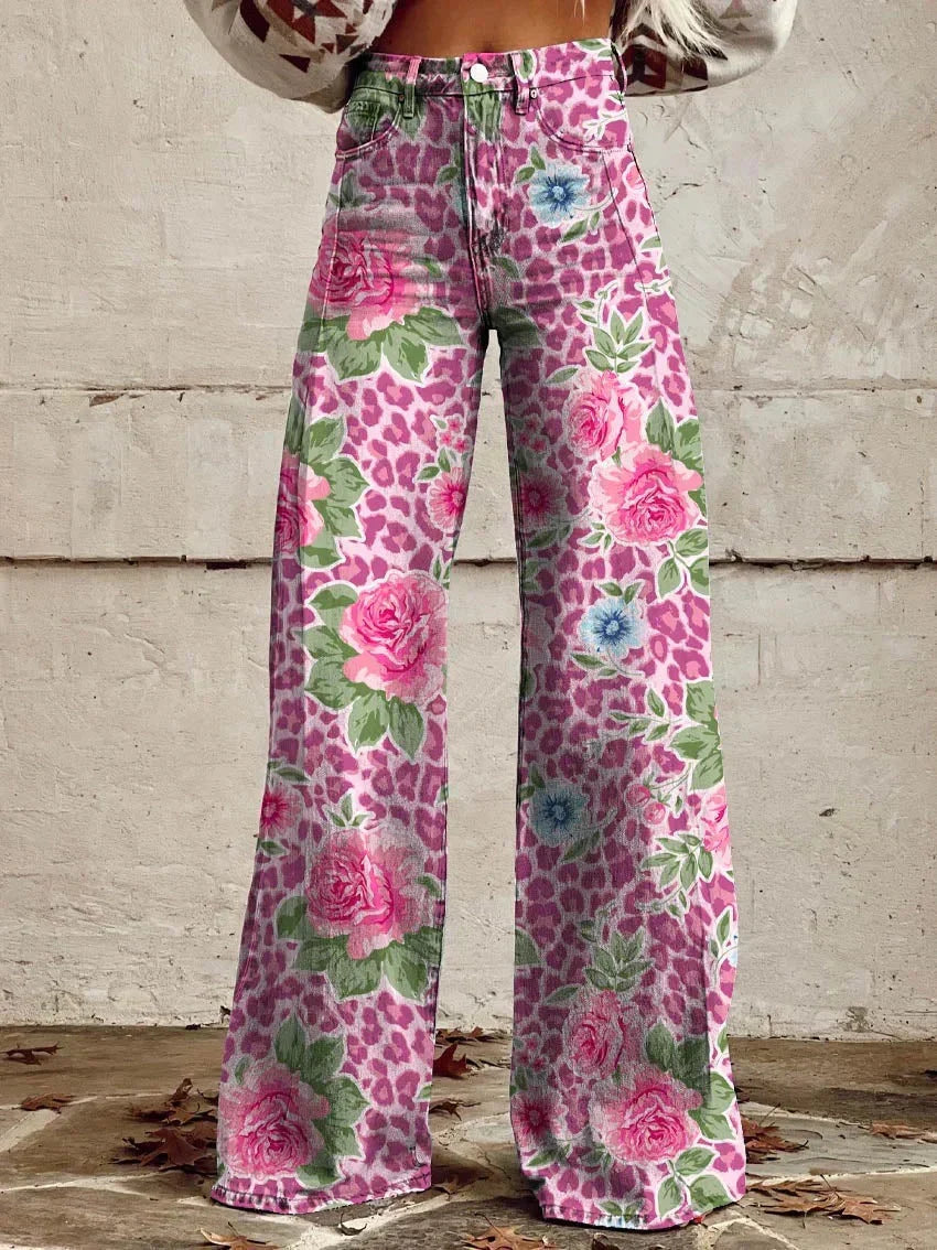 Women's Denim Bohemian Jeans – Flowing Printed Design in Floral