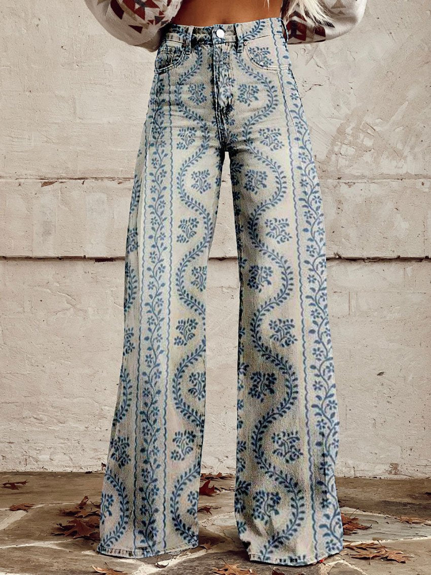 Women's Denim Bohemian Jeans – Flowing Printed Design in Striped