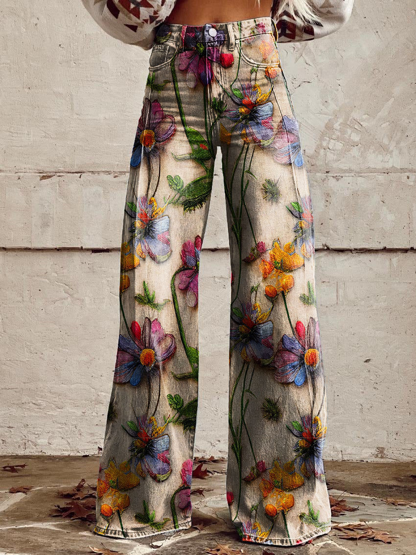 Women's Denim Bohemian Jeans – Flowing Printed Design in Beige & Floral