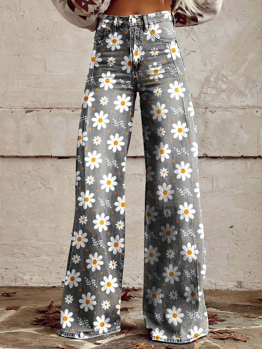 Women's Denim Bohemian Jeans – Flowing Printed Design in Grey & Floral