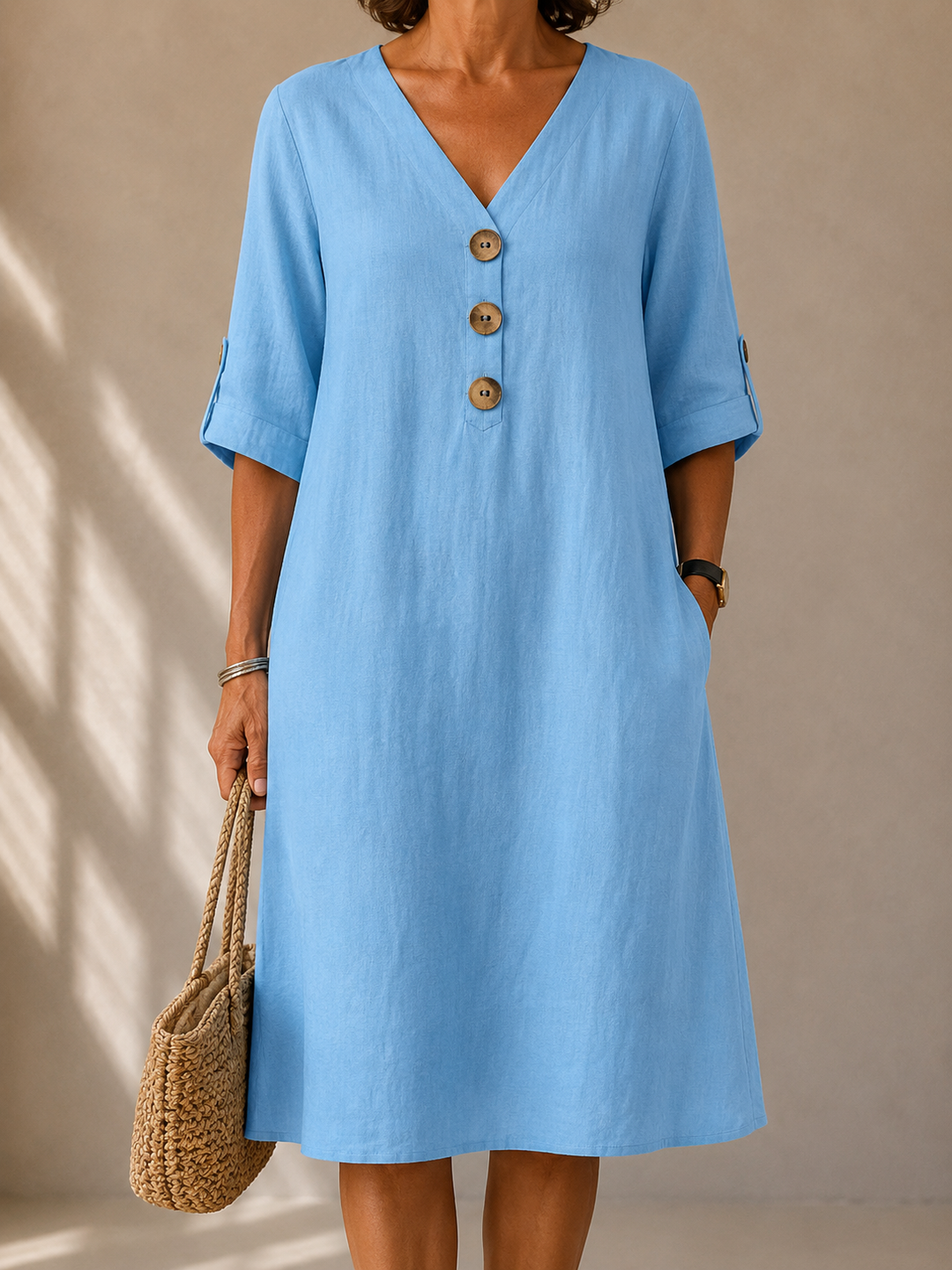 Women's Button-Front Relaxed Dress – Straight Leg Flowing Style