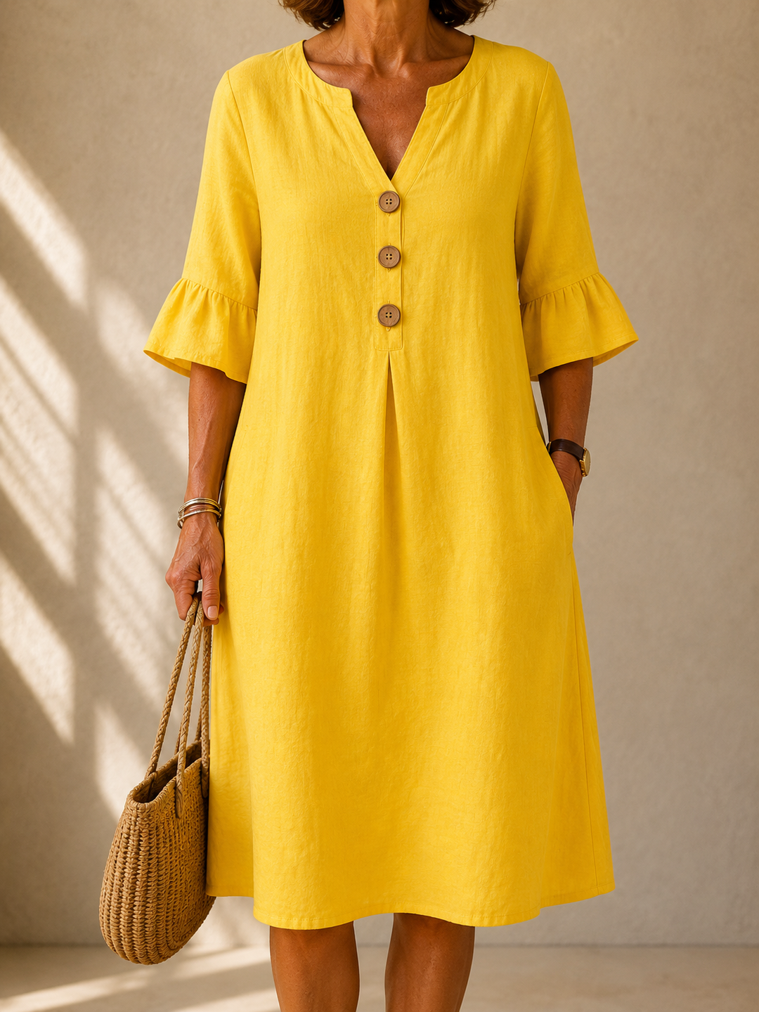 Women's Button-Front Relaxed Dress – Ruffled Flexible Style