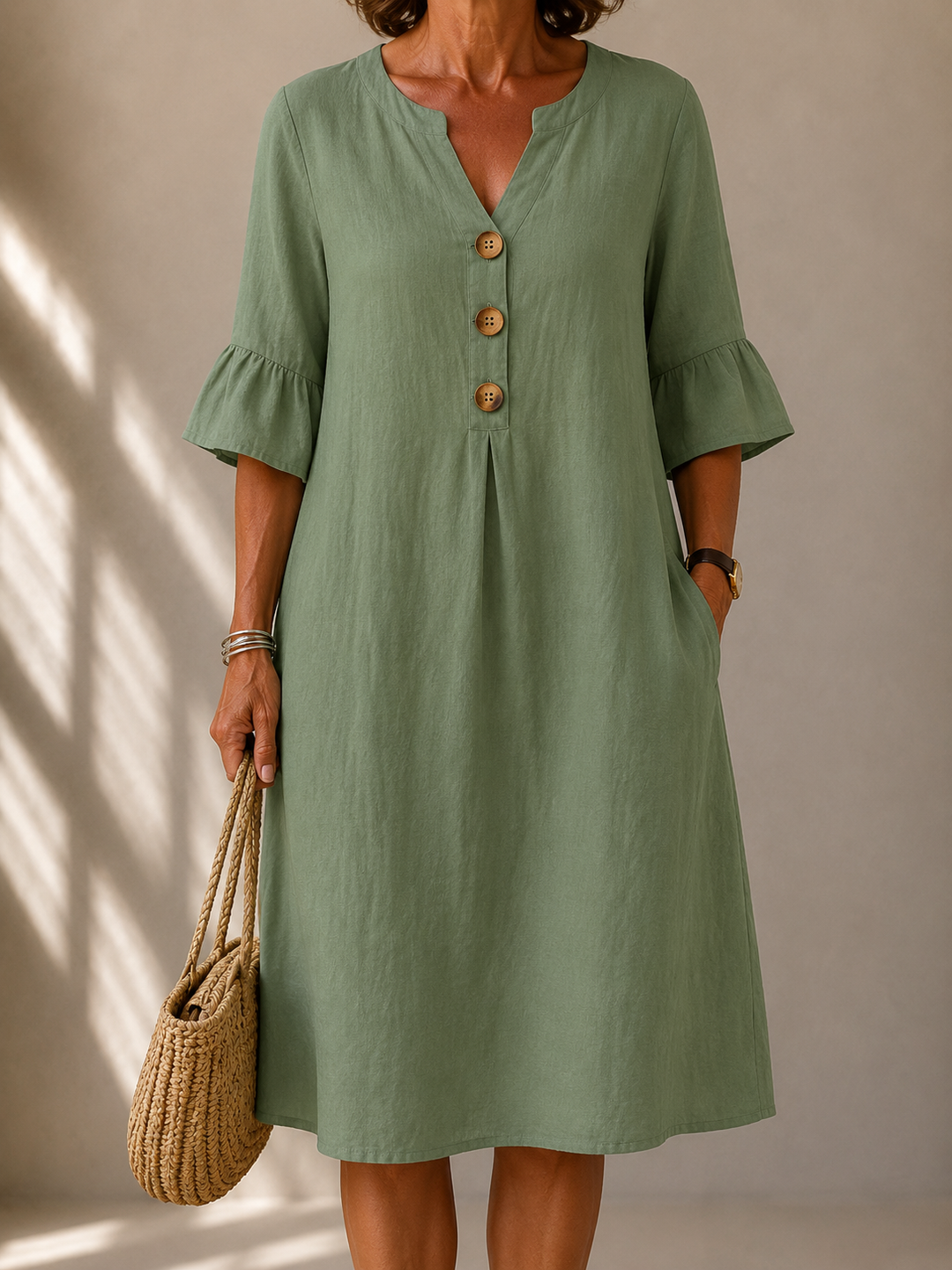 Women's Button-Front Ruffled Dress – Flexible Flowing Style